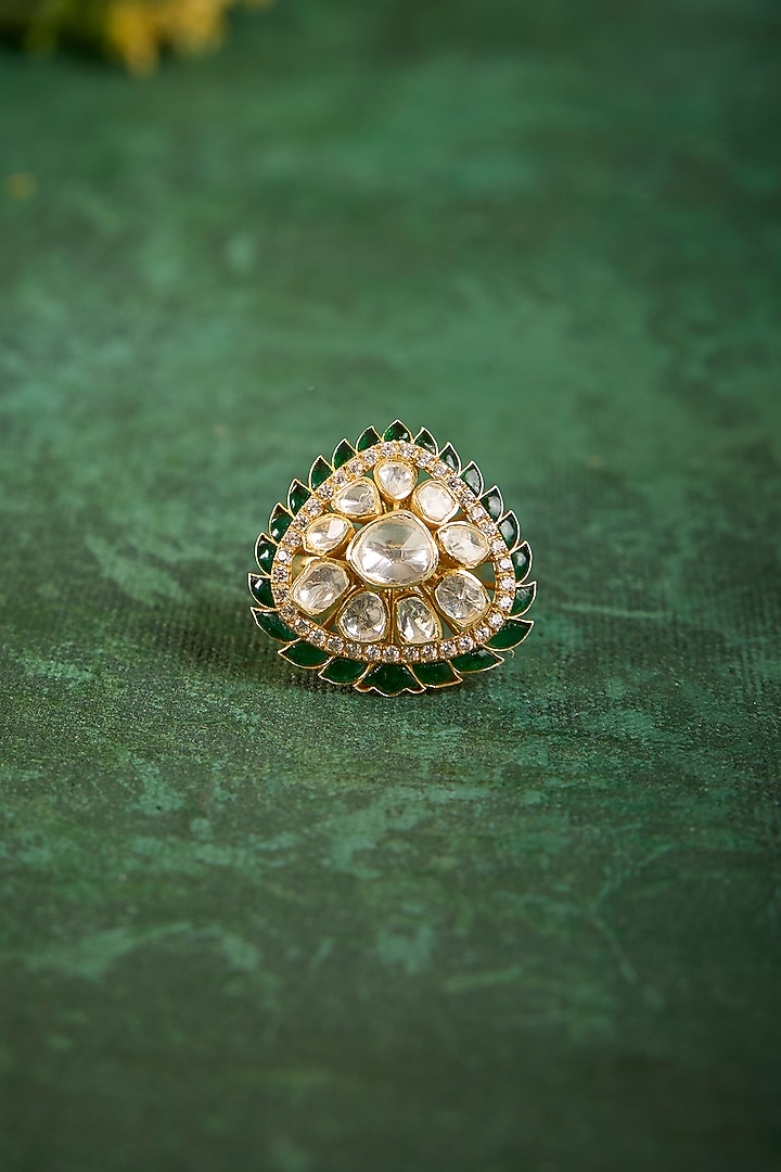Gold Plated Kundan Polki & Emerald Stone Ring In Sterling Silver by Kaari at Pernia's Pop Up Shop