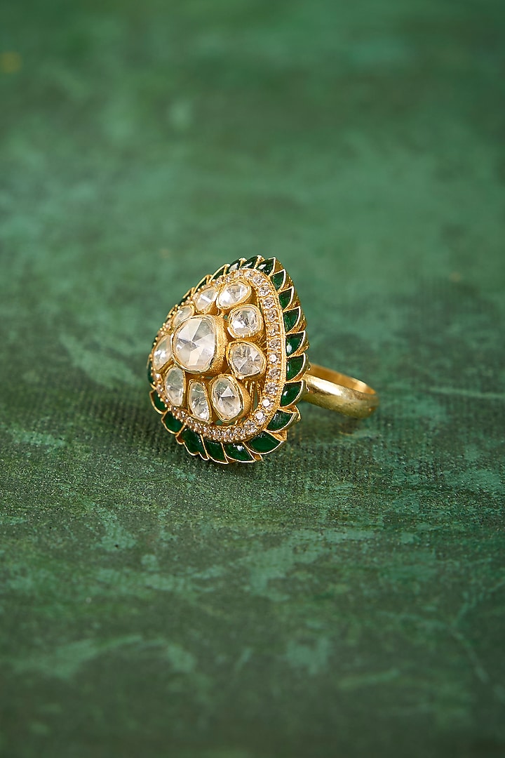 Gold Plated Kundan Polki & Emerald Stone Ring In Sterling Silver by Kaari at Pernia's Pop Up Shop
