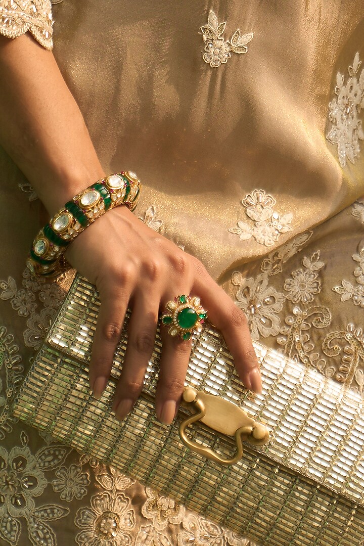Gold Plated Kundan Polki & Emerald Stone Ring In Sterling Silver by Kaari at Pernia's Pop Up Shop