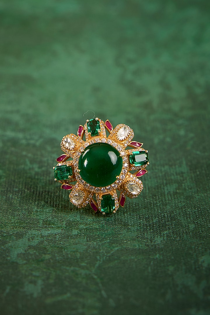 Gold Plated Kundan Polki & Emerald Stone Ring In Sterling Silver by Kaari at Pernia's Pop Up Shop