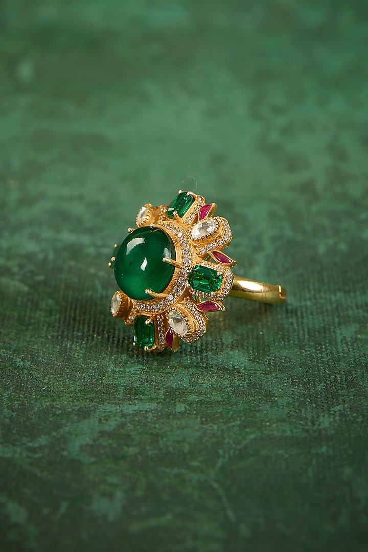 Gold Plated Kundan Polki & Emerald Stone Ring In Sterling Silver by Kaari at Pernia's Pop Up Shop