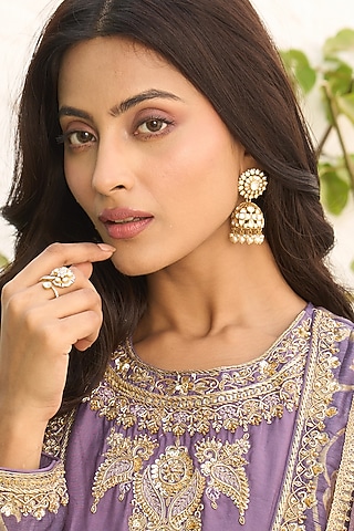 Gold Plated Kundan Polki & CZ Diamond Ring In Sterling Silver by Kaari