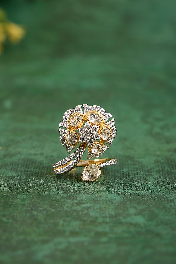Gold Plated Kundan Polki & CZ Diamond Ring In Sterling Silver by Kaari at Pernia's Pop Up Shop