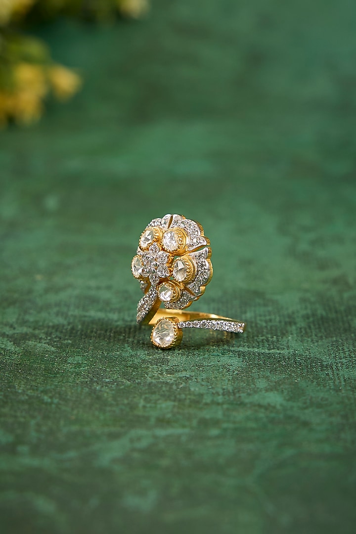Gold Plated Kundan Polki & CZ Diamond Ring In Sterling Silver by Kaari at Pernia's Pop Up Shop