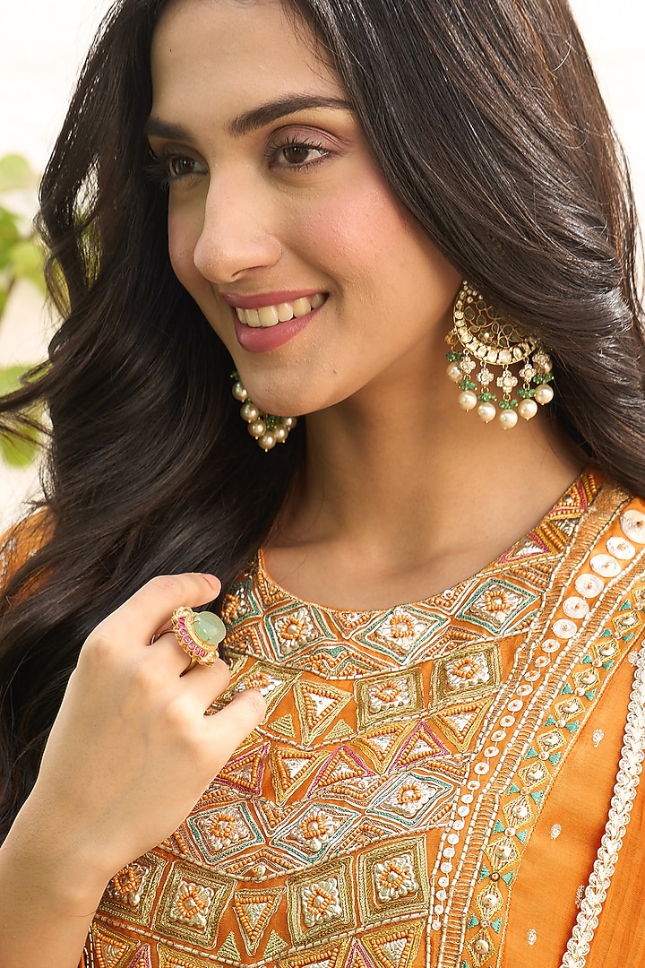 Gold Plated Kundan Polki & Ruby Stone Ring In Sterling Silver by Kaari at Pernia's Pop Up Shop