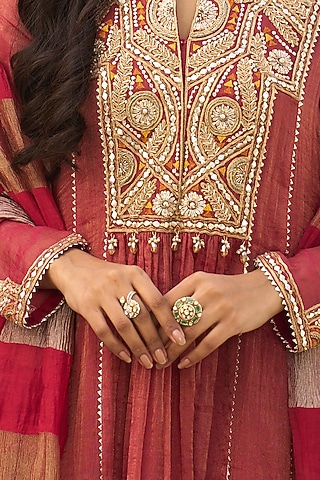 Gold Plated Kundan Polki & Emerald Stone Ring In Sterling Silver by Kaari