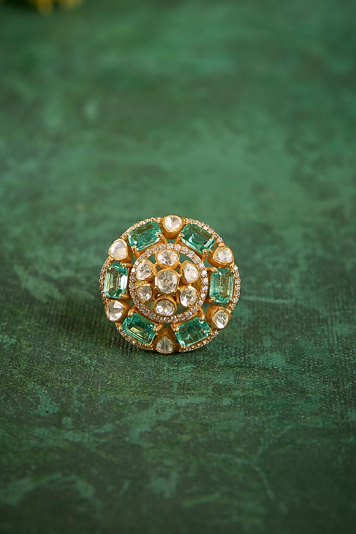 Gold Plated Kundan Polki & Emerald Stone Ring In Sterling Silver by Kaari at Pernia's Pop Up Shop