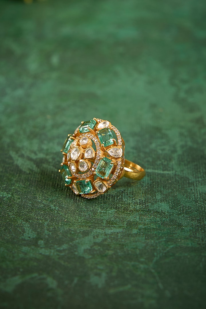 Gold Plated Kundan Polki & Emerald Stone Ring In Sterling Silver by Kaari at Pernia's Pop Up Shop