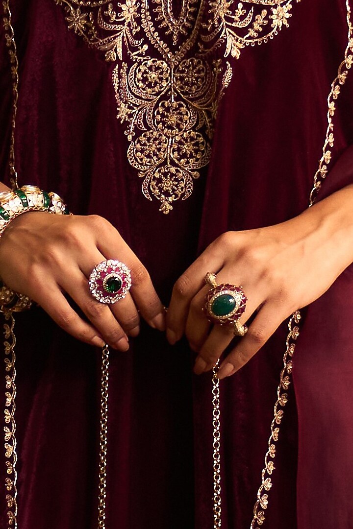 Gold Plated Kundan Polki & Ruby Stone Ring In Sterling Silver by Kaari at Pernia's Pop Up Shop