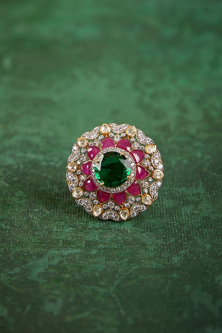 Gold Plated Kundan Polki & Ruby Stone Ring In Sterling Silver by Kaari at Pernia's Pop Up Shop
