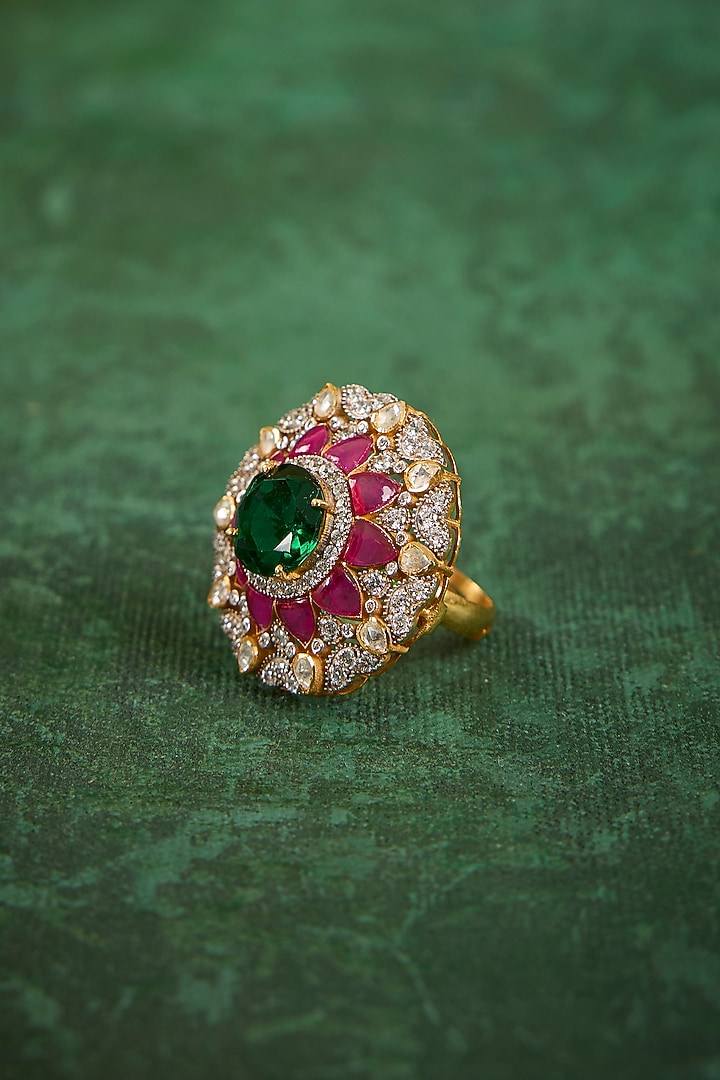 Gold Plated Kundan Polki & Ruby Stone Ring In Sterling Silver by Kaari at Pernia's Pop Up Shop
