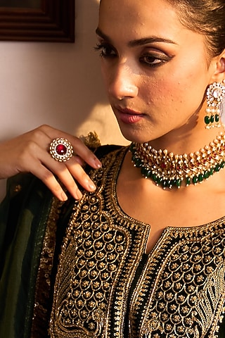 Gold Plated Kundan Polki & Ruby Stone Ring In Sterling Silver by Kaari