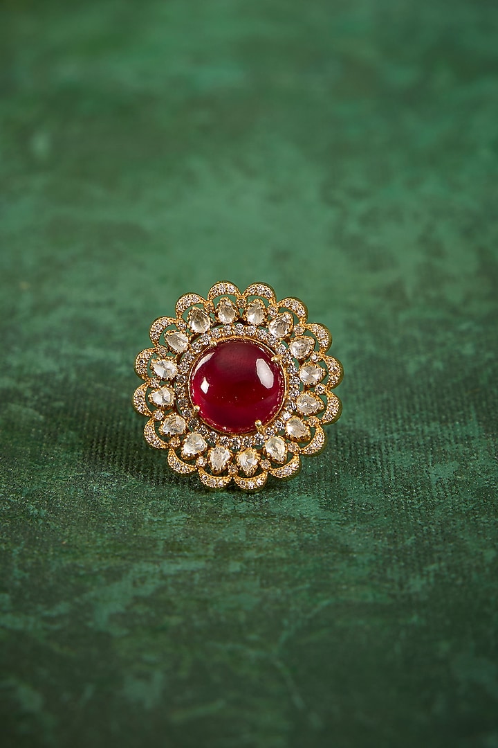 Gold Plated Kundan Polki & Ruby Stone Ring In Sterling Silver by Kaari at Pernia's Pop Up Shop
