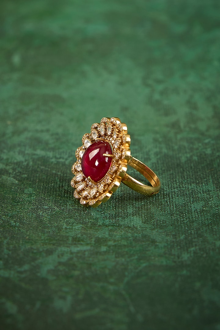 Gold Plated Kundan Polki & Ruby Stone Ring In Sterling Silver by Kaari at Pernia's Pop Up Shop