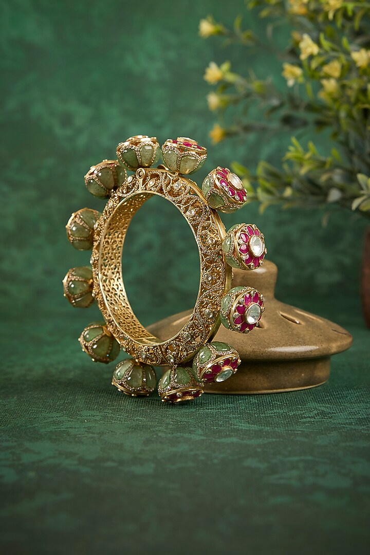 Gold Plated Kundan Polki & Ruby Stone Kada In Sterling Silver by Kaari at Pernia's Pop Up Shop