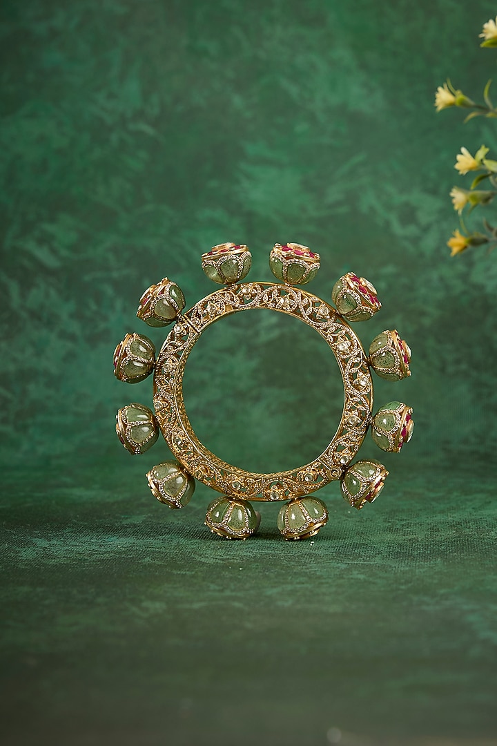 Gold Plated Kundan Polki & Ruby Stone Kada In Sterling Silver by Kaari at Pernia's Pop Up Shop