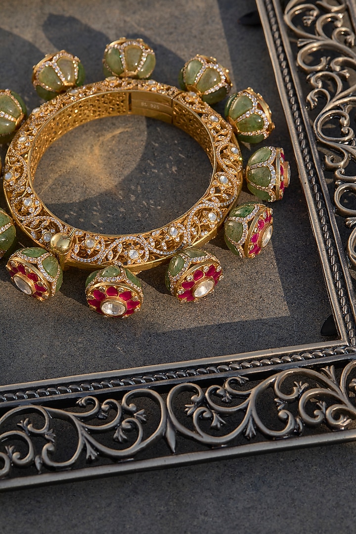 Gold Plated Kundan Polki & Ruby Stone Kada In Sterling Silver by Kaari at Pernia's Pop Up Shop