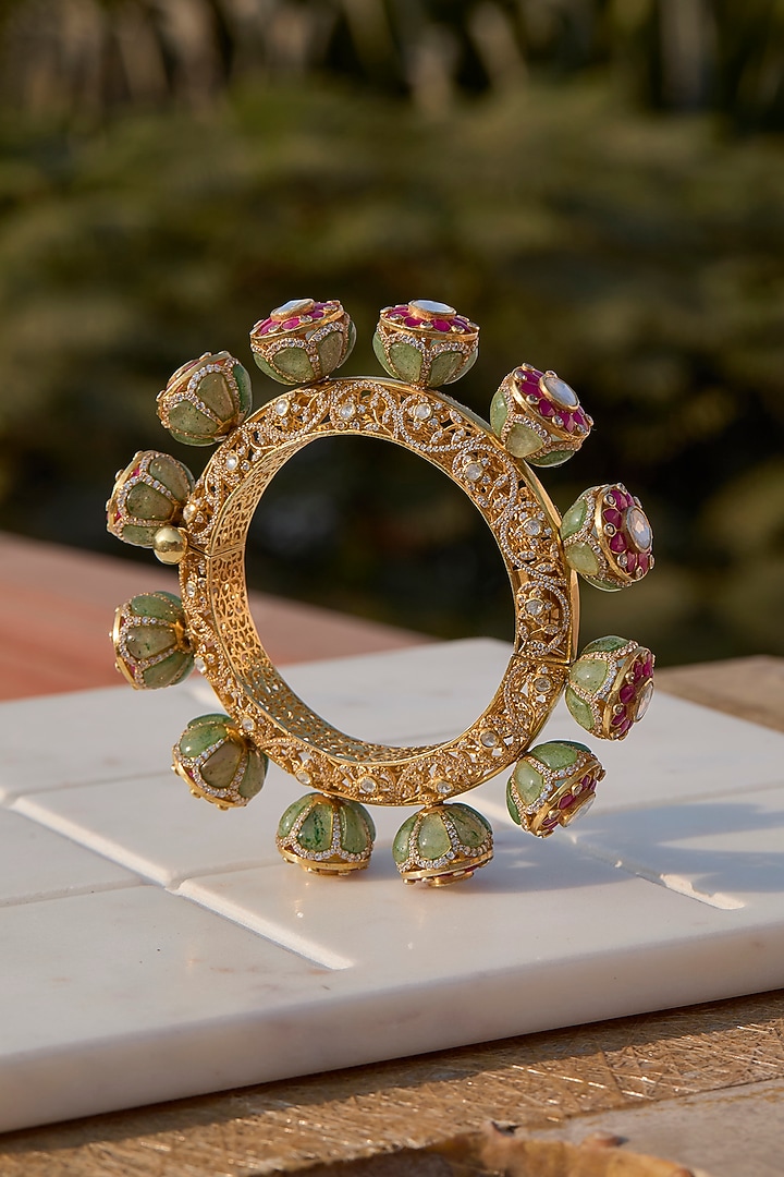 Gold Plated Kundan Polki & Ruby Stone Kada In Sterling Silver by Kaari at Pernia's Pop Up Shop