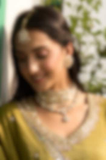 Gold Plated Kundan Polki & Freshwater Pearl Maangtikka In Sterling Silver by Kaari at Pernia's Pop Up Shop