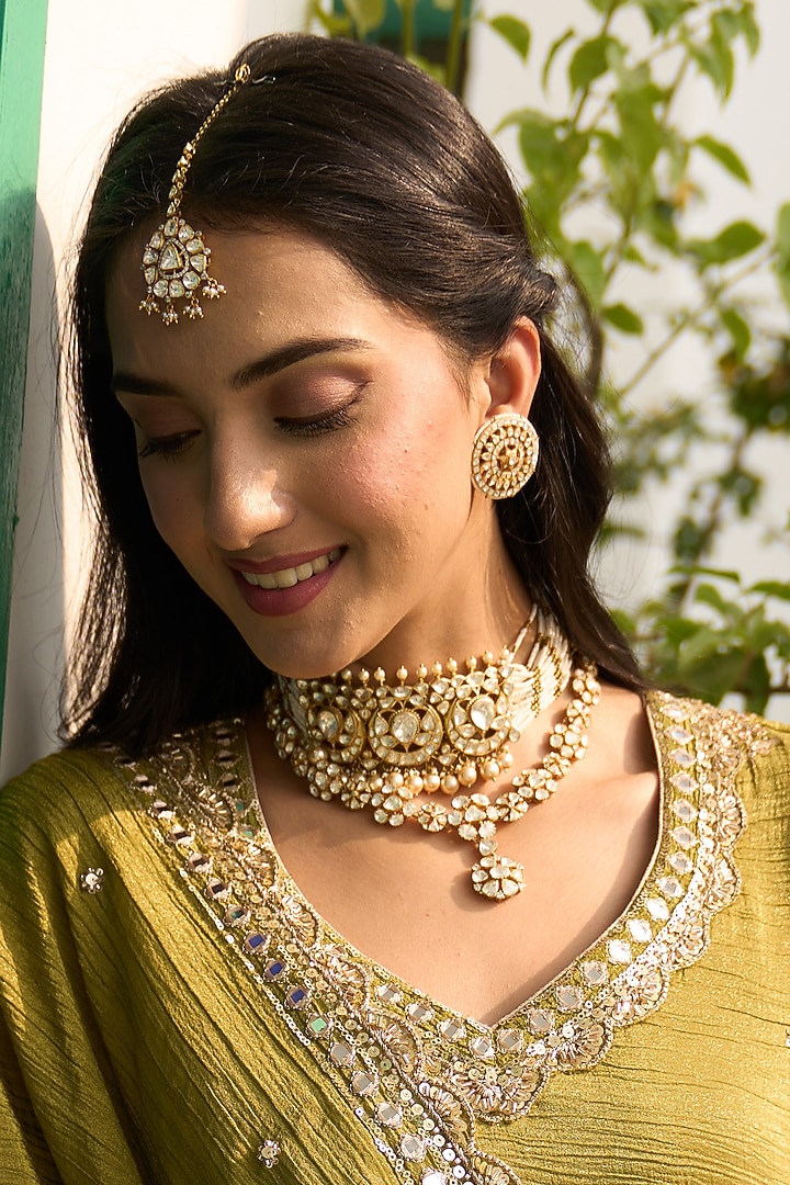 Gold Plated Kundan Polki & Freshwater Pearl Maangtikka In Sterling Silver by Kaari at Pernia's Pop Up Shop