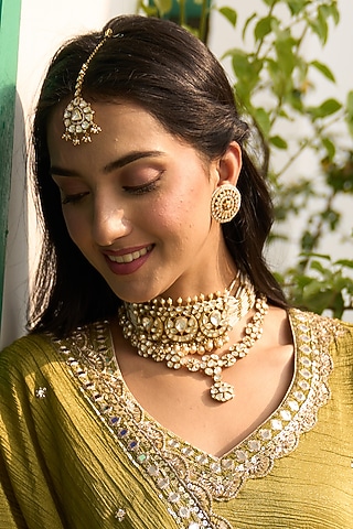 Gold Plated Kundan Polki & Freshwater Pearl Maangtikka In Sterling Silver by Kaari
