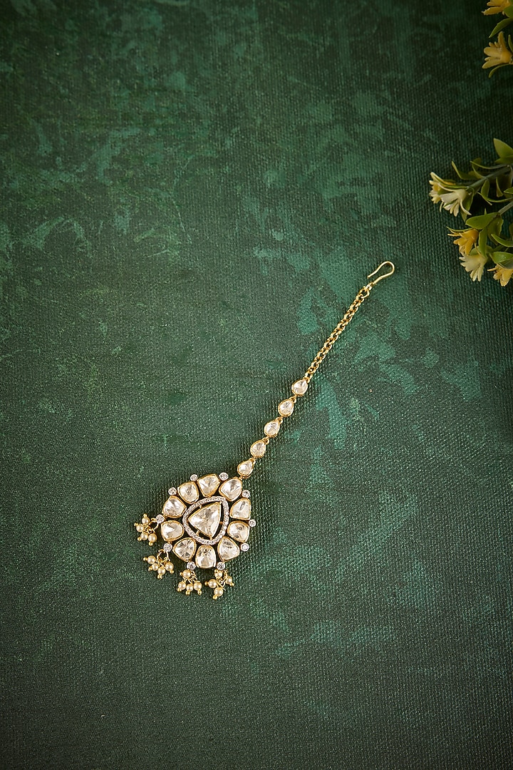 Gold Plated Kundan Polki & Freshwater Pearl Maangtikka In Sterling Silver by Kaari at Pernia's Pop Up Shop