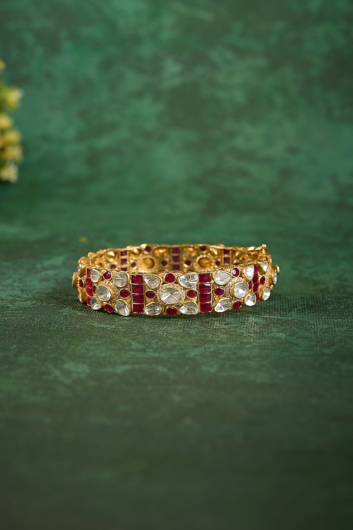 Gold Plated Kundan Polki & Ruby Stone Kada In Sterling Silver by Kaari at Pernia's Pop Up Shop