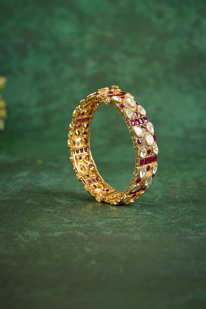 Gold Plated Kundan Polki & Ruby Stone Kada In Sterling Silver by Kaari at Pernia's Pop Up Shop