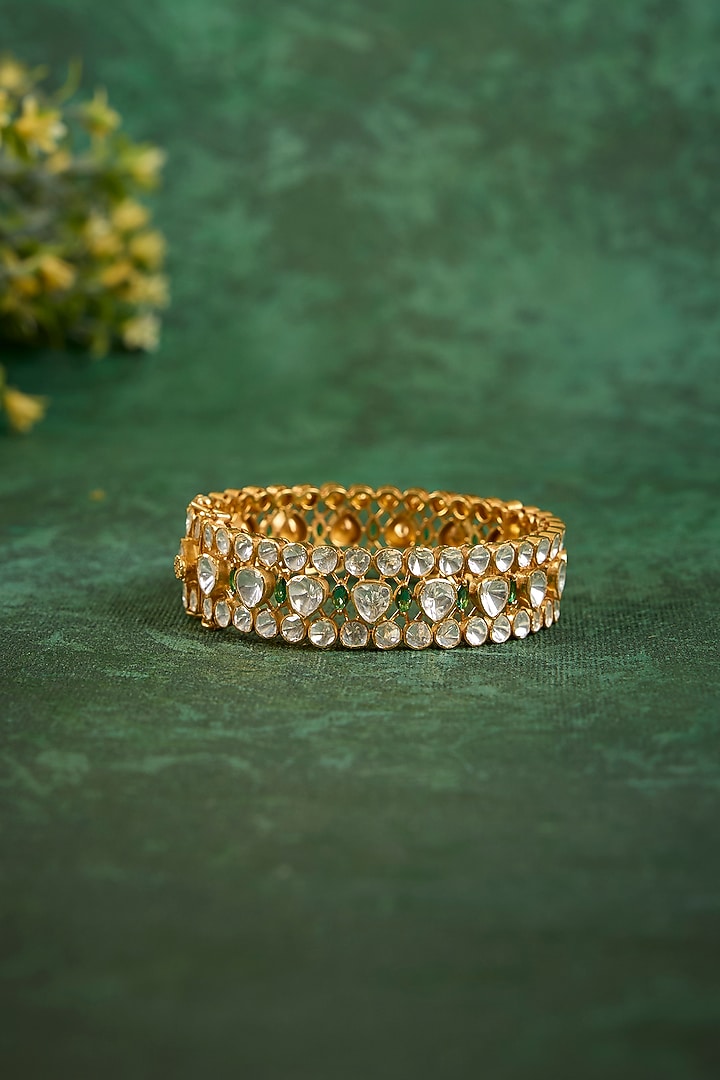Gold Plated Kundan Polki & Emerald Stone Kada In Sterling Silver by Kaari at Pernia's Pop Up Shop