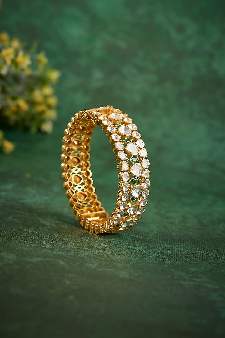 Gold Plated Kundan Polki & Emerald Stone Kada In Sterling Silver by Kaari at Pernia's Pop Up Shop