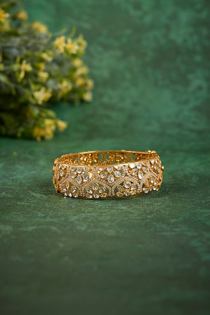 Gold Plated Kundan Polki & CZ Diamond Kada In Sterling Silver by Kaari at Pernia's Pop Up Shop