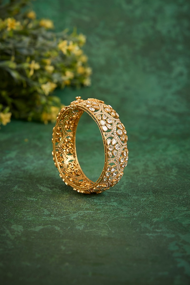 Gold Plated Kundan Polki & CZ Diamond Kada In Sterling Silver by Kaari at Pernia's Pop Up Shop