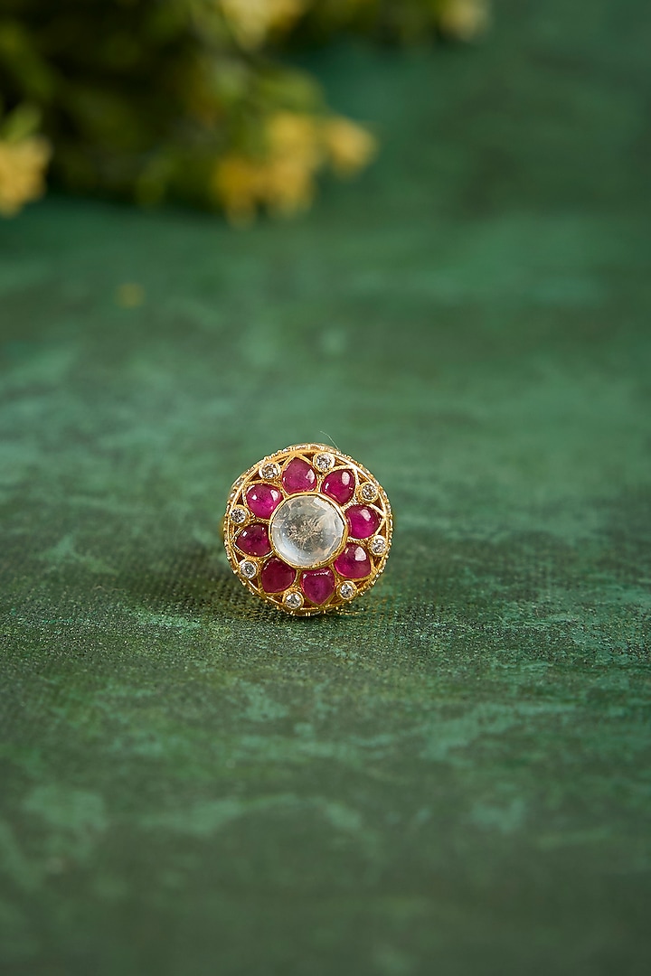Gold Plated Kundan Polki & Ruby Stone Ring In Sterling Silver by Kaari at Pernia's Pop Up Shop