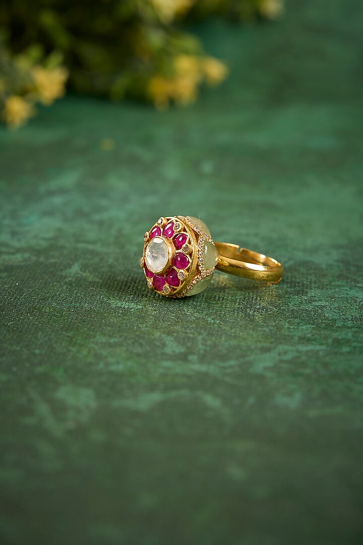 Gold Plated Kundan Polki & Ruby Stone Ring In Sterling Silver by Kaari at Pernia's Pop Up Shop