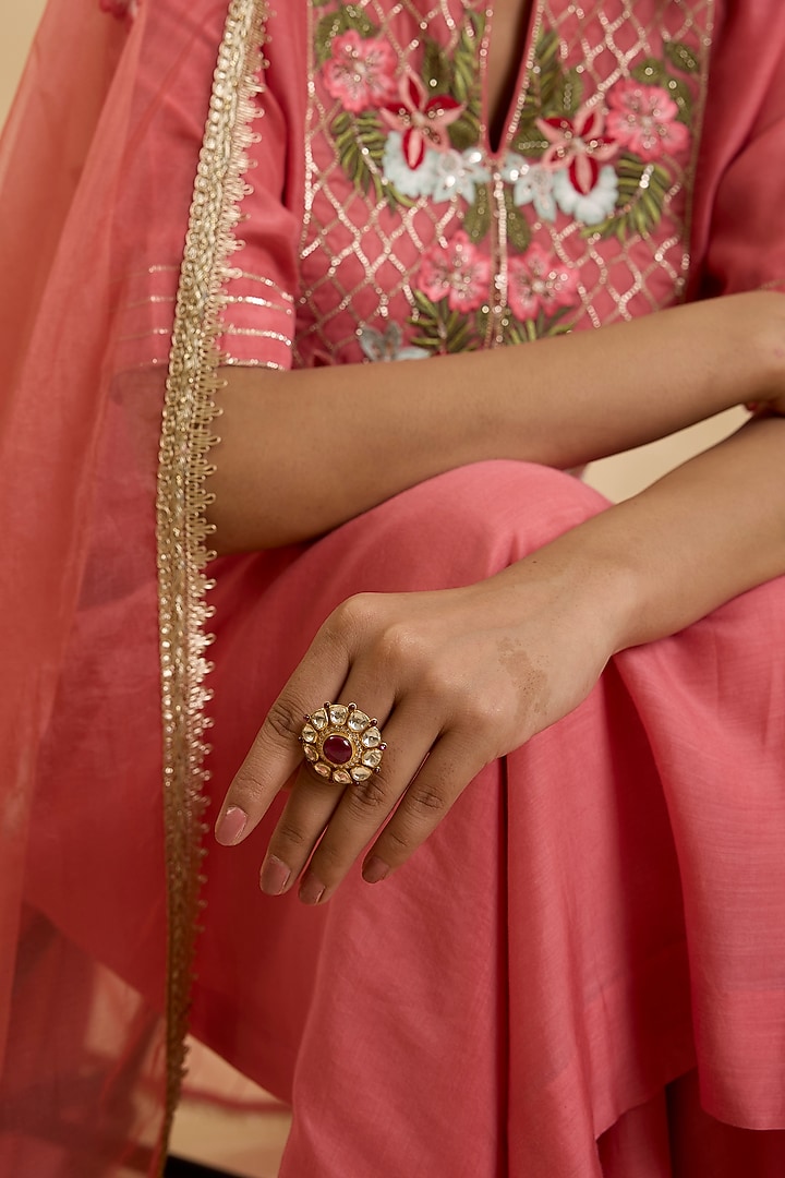 Gold Plated Kundan Polki & Ruby Stone Ring In Sterling Silver by Kaari at Pernia's Pop Up Shop