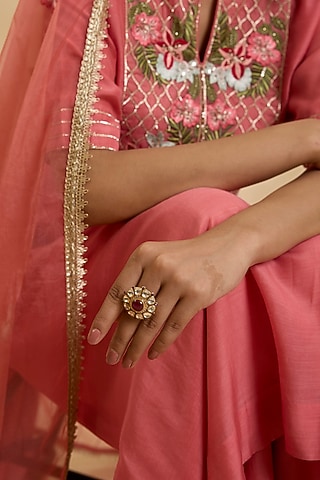 Gold Plated Kundan Polki & Ruby Stone Ring In Sterling Silver by Kaari