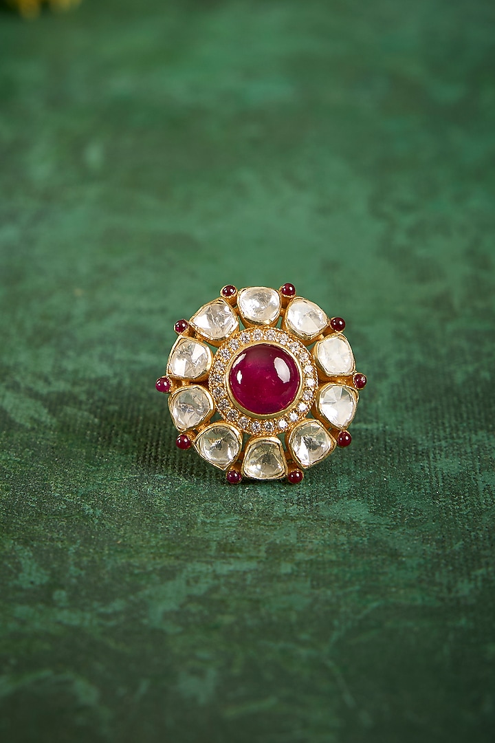 Gold Plated Kundan Polki & Ruby Stone Ring In Sterling Silver by Kaari at Pernia's Pop Up Shop