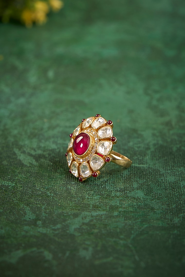 Gold Plated Kundan Polki & Ruby Stone Ring In Sterling Silver by Kaari at Pernia's Pop Up Shop