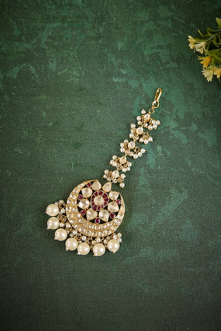 Gold Plated Kundan Polki & Ruby Stone Maangtikka In Sterling Silver by Kaari at Pernia's Pop Up Shop