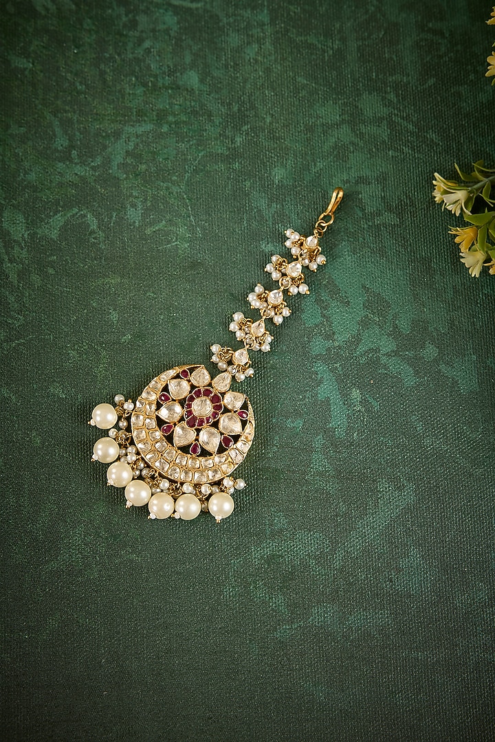 Gold Plated Kundan Polki & Ruby Stone Maangtikka In Sterling Silver by Kaari at Pernia's Pop Up Shop