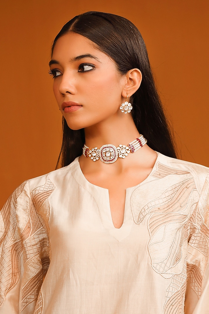Gold Plated Kundan Polki & Ruby Stone Choker Necklace In Sterling Silver by Kaari at Pernia's Pop Up Shop