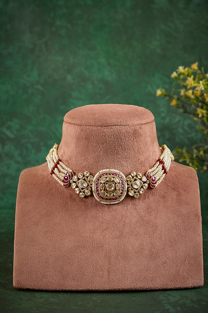 Gold Plated Kundan Polki & Ruby Stone Choker Necklace In Sterling Silver by Kaari at Pernia's Pop Up Shop