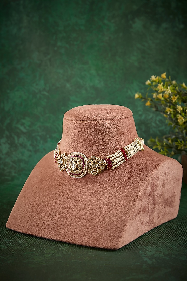 Gold Plated Kundan Polki & Ruby Stone Choker Necklace In Sterling Silver by Kaari at Pernia's Pop Up Shop