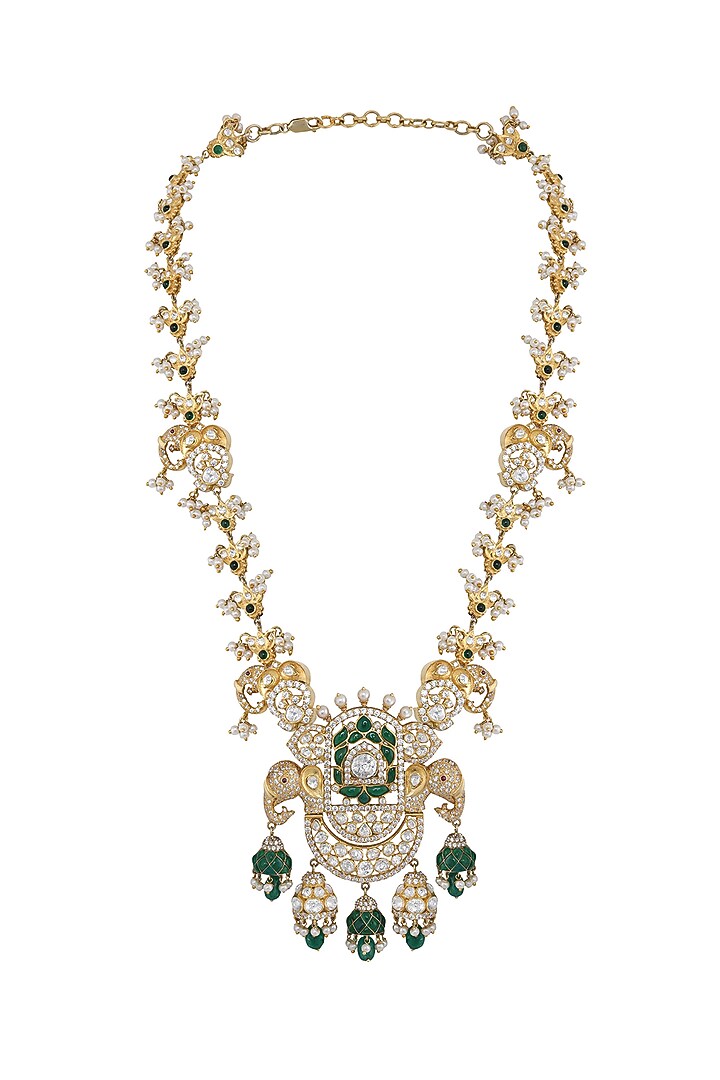 Gold Finish Kundan Polki & Pearl Pendant Necklace In Sterling Silver by Kaari at Pernia's Pop Up Shop