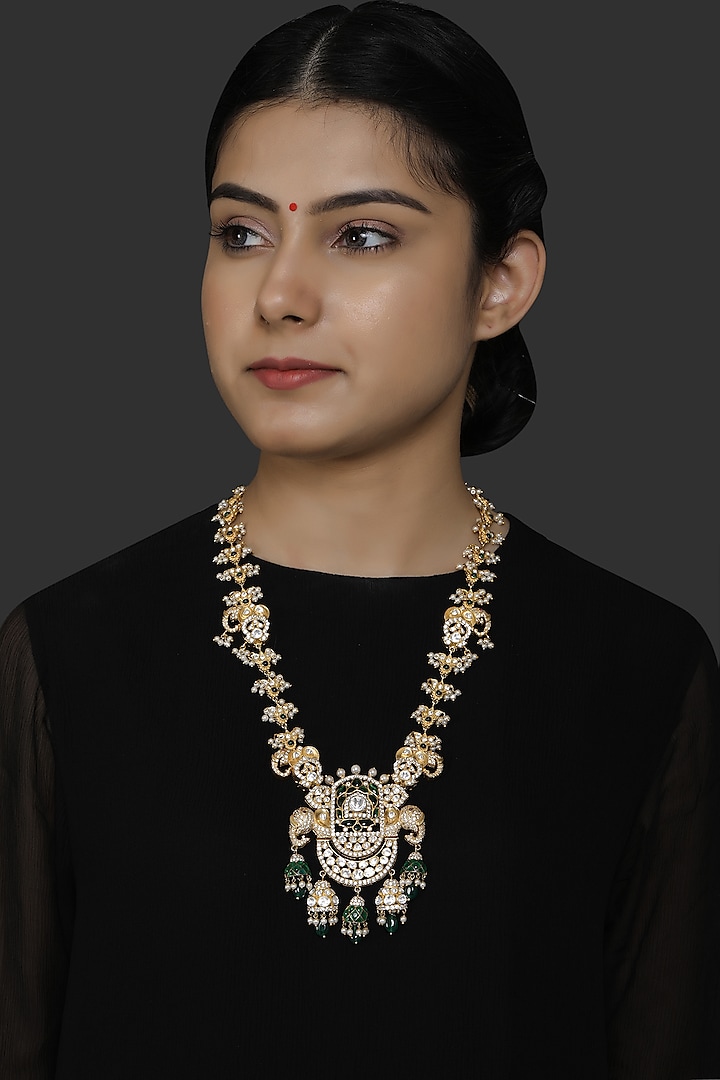 Gold Finish Kundan Polki & Pearl Pendant Necklace In Sterling Silver by Kaari