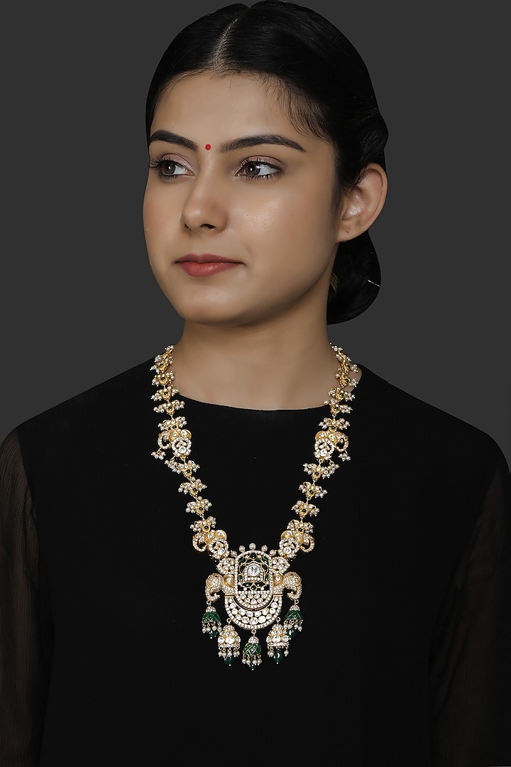 Gold Finish Kundan Polki & Pearl Pendant Necklace In Sterling Silver by Kaari at Pernia's Pop Up Shop