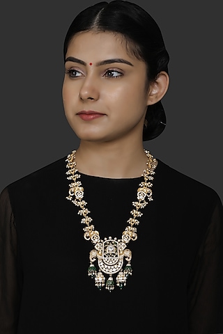 Gold Finish Kundan Polki & Pearl Pendant Necklace In Sterling Silver by Kaari
