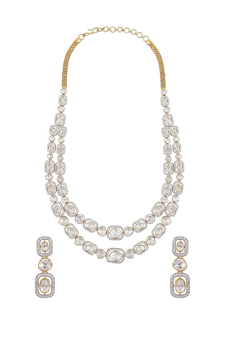 Gold Finish Diamond Double Line Necklace Set In Sterling Silver by Kaari