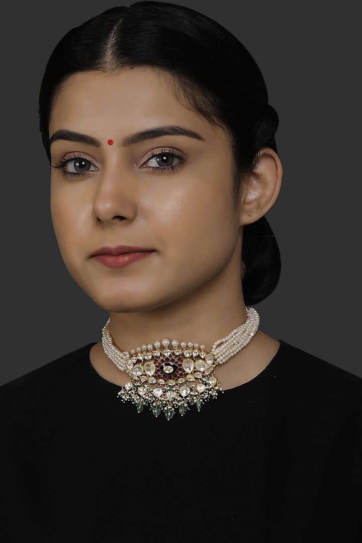 Gold Finish Kundan Polki Choker Necklace In Sterling Silver by Kaari at Pernia's Pop Up Shop