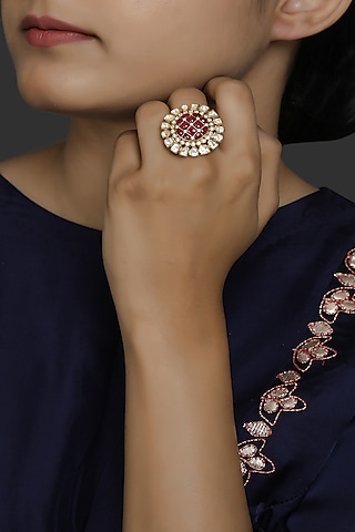 Gold Finish Ruby Checkered Ring In Sterling Silver by Kaari